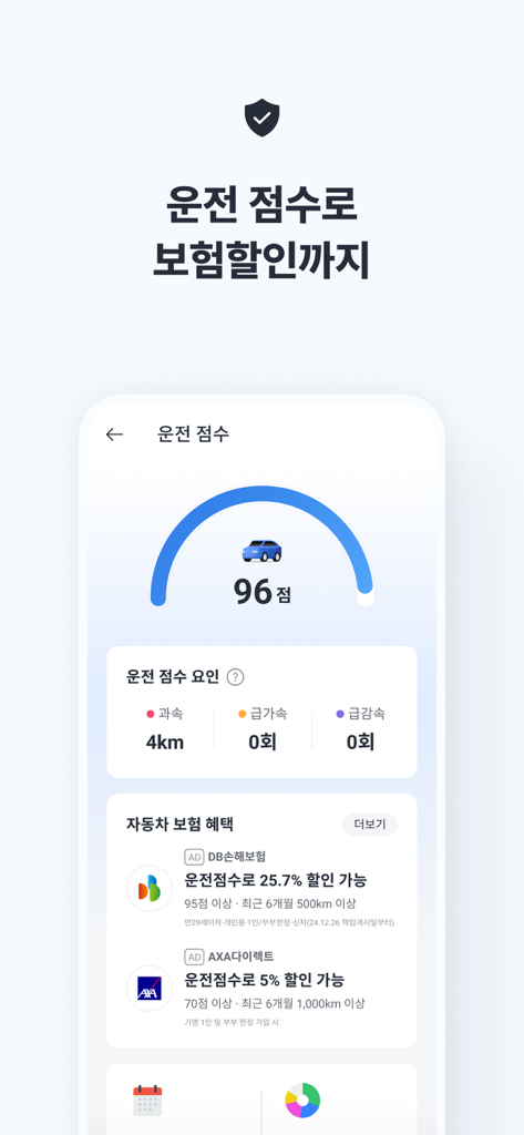 카카오내비 - 주차,발렛,전기차충전,세차,보험,중고차 - KakaoNavi mobile app interface showing a safe driving score and car insurance discount offers