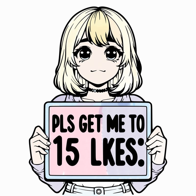 realistic girl holding up a sign that says “pls get me to 15 likes!”