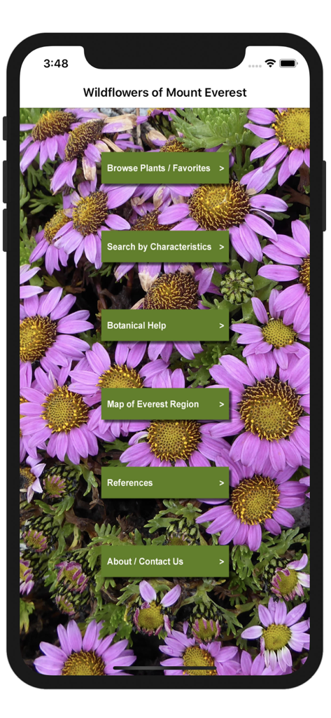 Wildflowers of Mount Everest - Main menu of the Wildflowers of Mount Everest app featuring a background of purple wildflowers and navigation buttons.