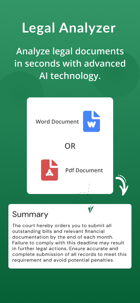 AI Legal Case Analyzer interface showing how to summarize Word and PDF documents into concise legal briefs
