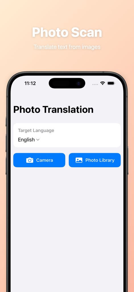 Global Translate-AI Translator - Interface of the Global Translate-AI app showing the photo translation feature with camera and photo library buttons.