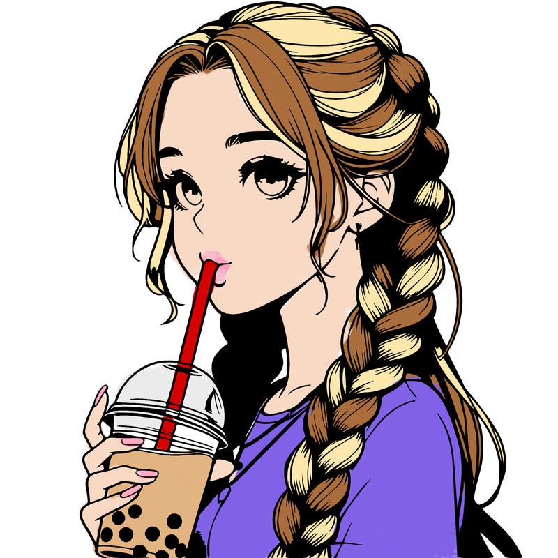 realistic girl with braided hair drinking boba