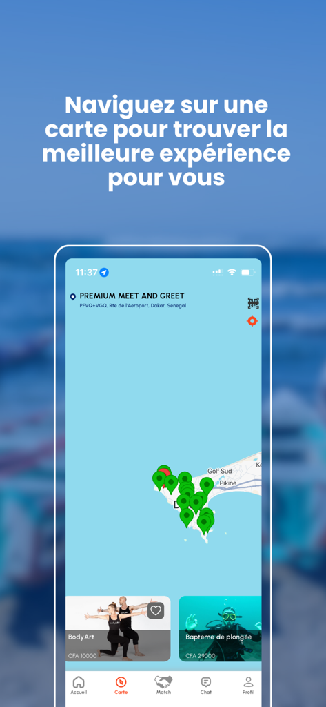 ATAYA : Activities, Matching - A smartphone screen showing the ATAYA app with a map displaying pins for local activities and events in Senegal.