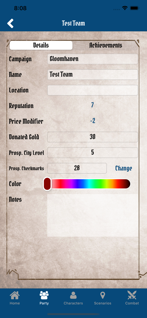 Gloomhaven Campaign Tracker - Gloomhaven Campaign Tracker app party details screen showing team statistics and campaign progress