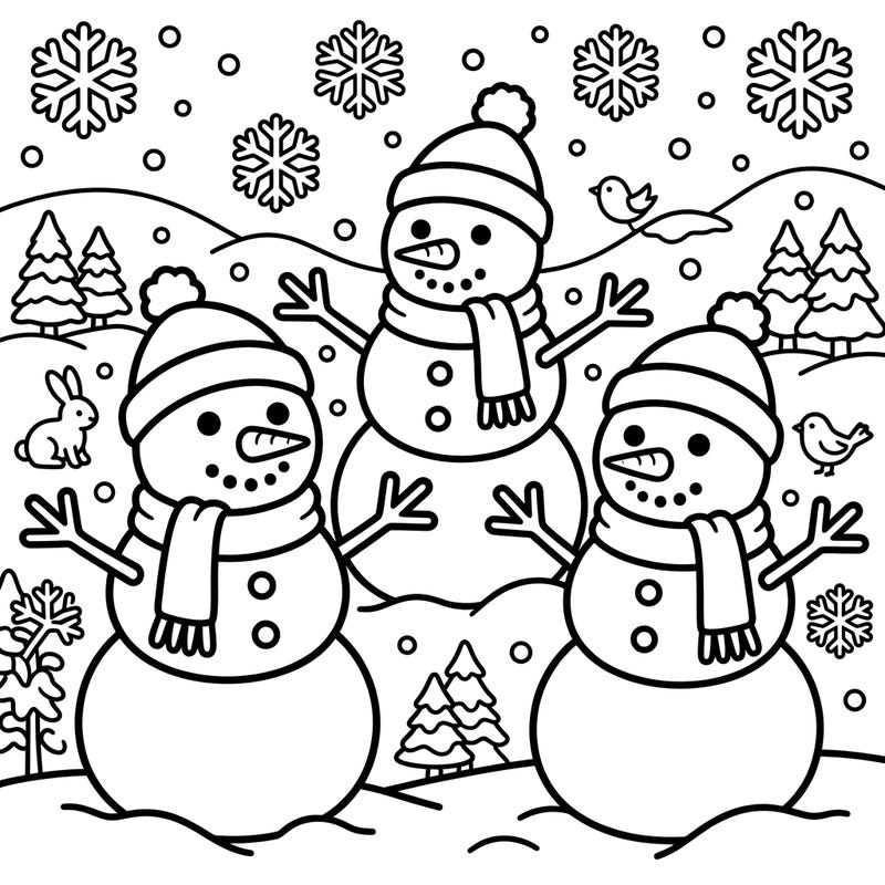 Get ready for a super-sized winter adventure with our giant snowmen coloring page, specially designed for toddlers. Its thick lines and friendly characters make it perfect for little hands to explore creativity.