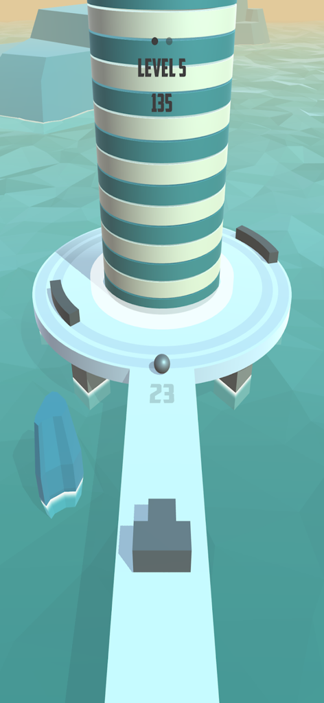 Fire Balls 3D - Fire Balls 3Dのゲームプレイ。縞模様のタワーにボールを発射するボールランチャーと、移動する障害物が表示されています。