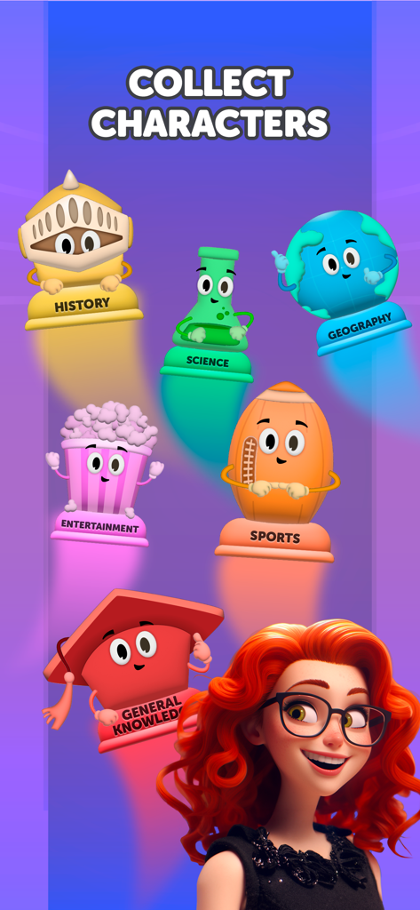 Cartoon characters representing various trivia categories like history science and geography in the Trivia Show game