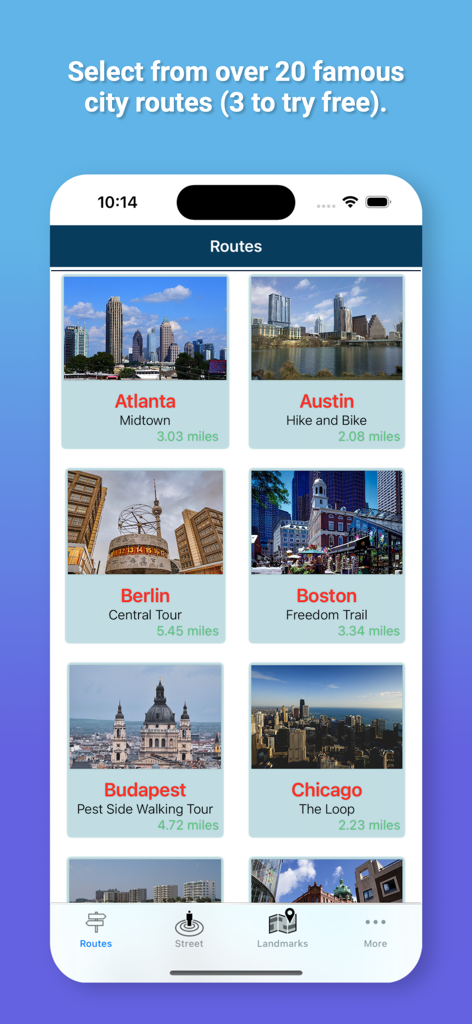 Remote Walk: Virtual Walking - A list of available virtual walking routes in different global cities within the Remote Walk app interface.