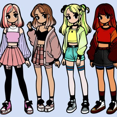 one girl with crop-top shirt and a jacket with a skirt, long socks and another girl with a shirt and pants with a jacket