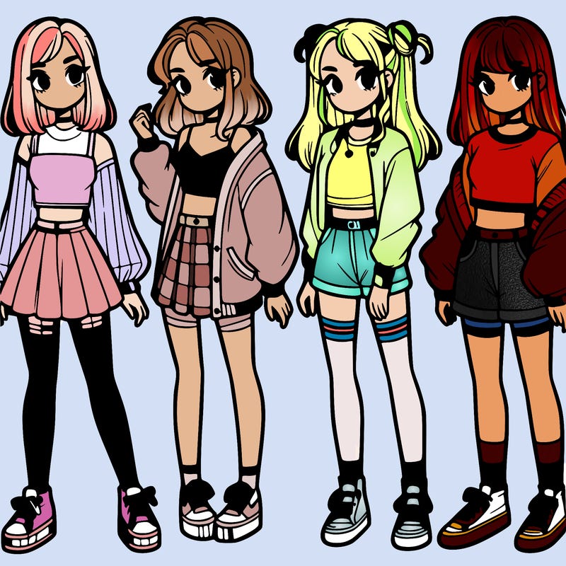 one girl with crop-top shirt and a jacket with a skirt, long socks and another girl with a shirt and pants with a jacket