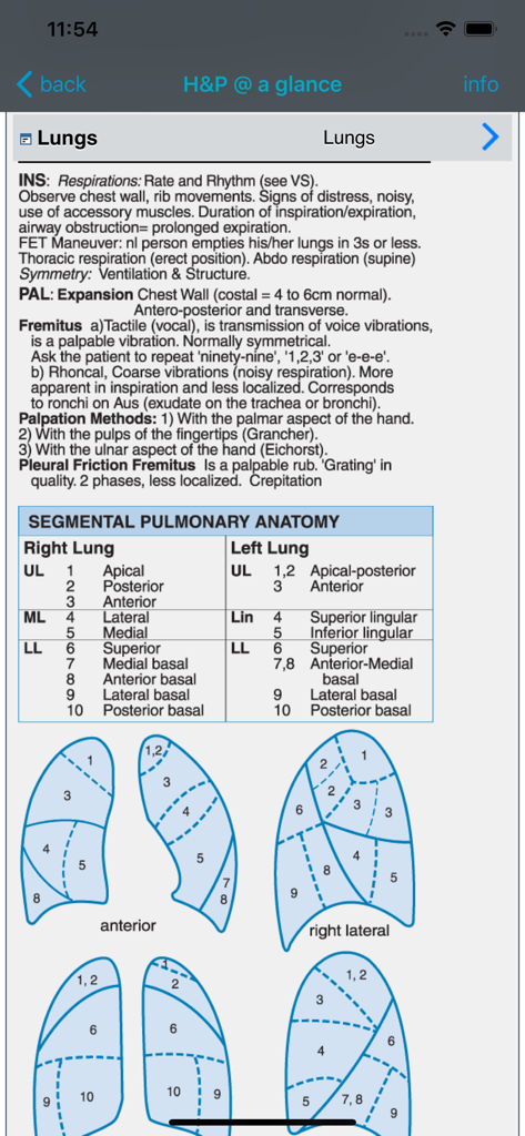 eH&P™ - eH&P医療アプリの、肺の解剖学的セグメント図と表を備えた肺の身体診察リファレンス