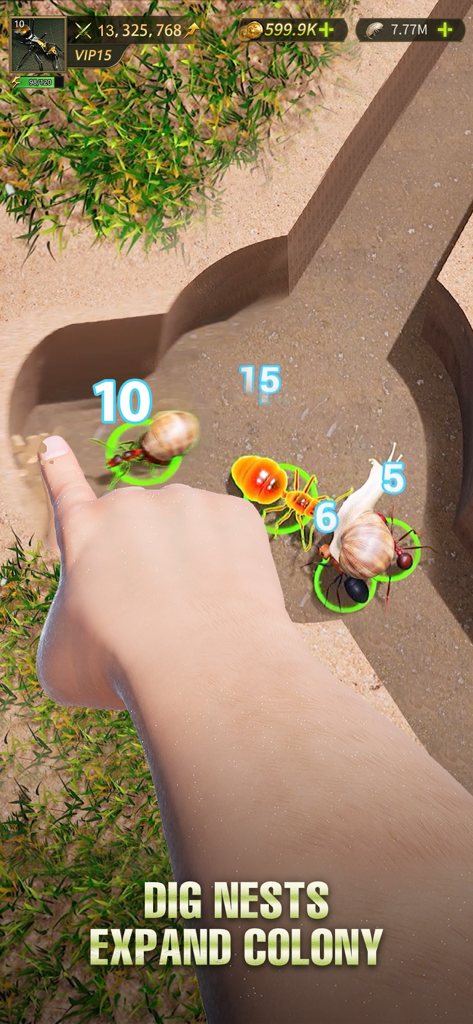 Ant Legion - Uma mão interage com formigas e um caracol em um túnel de colônia subterrânea em Ant Legion