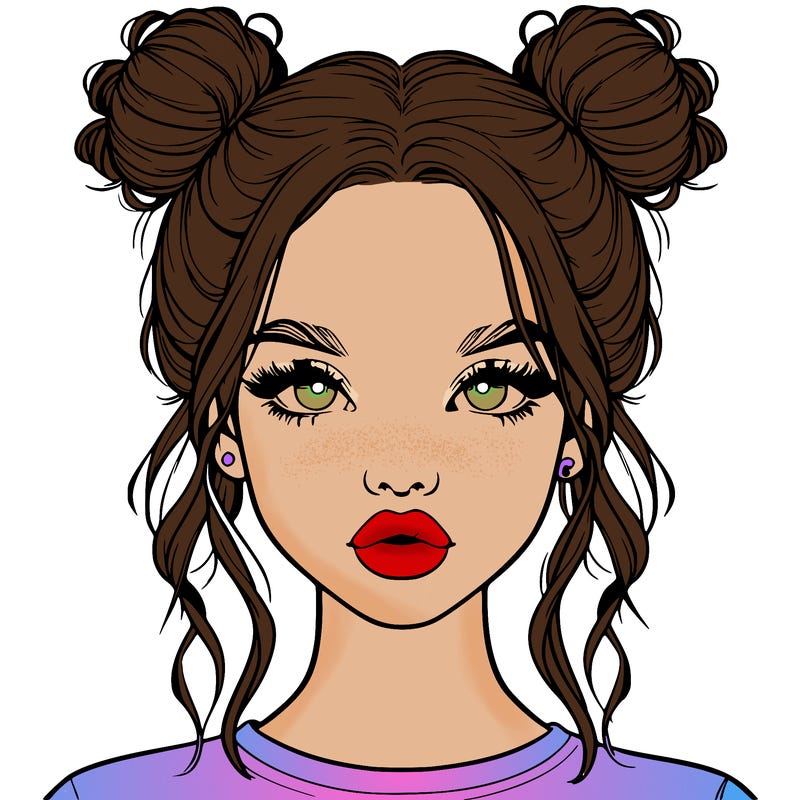 realistic girl with two buns in hair and lips