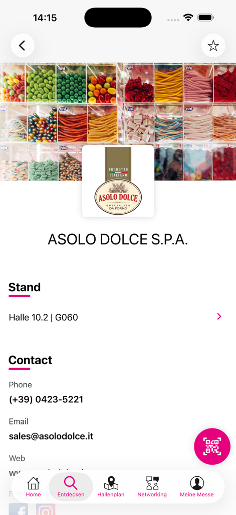 Ausstellerprofil von Asolo Dolce SPA in der ISM Cologne mobilen App mit Standorts- und Kontaktdaten