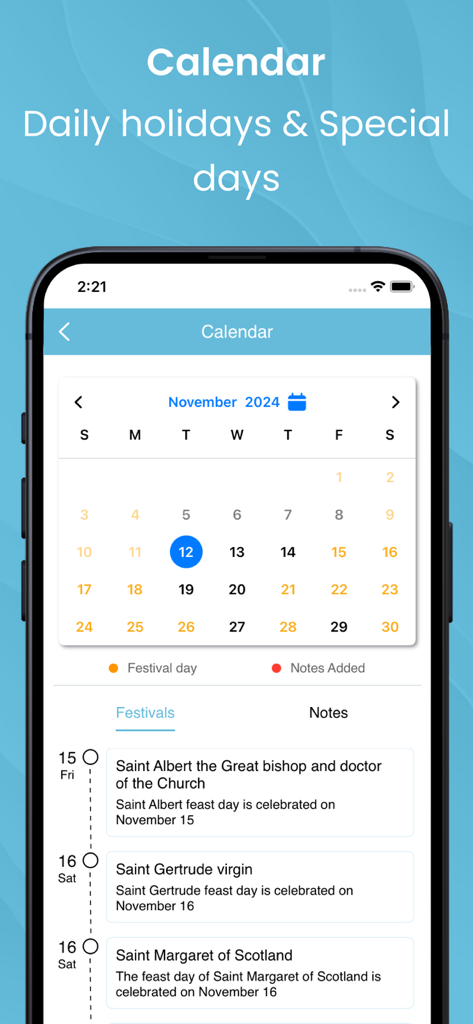 Telugu Bible Offline - A mobile screen showing the Christian festive calendar with daily holidays and special saints days in the Telugu Bible Offline app.