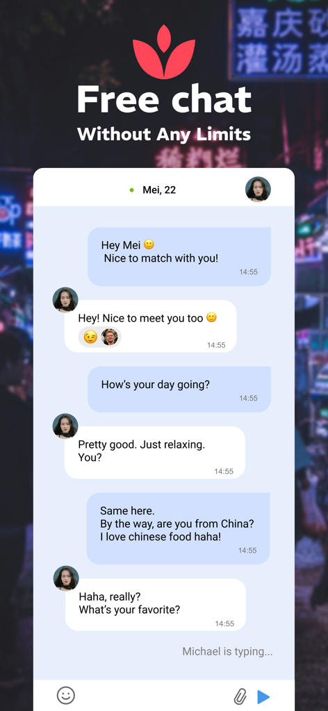 Interfaccia dell'app di incontri Asian Wives che mostra una schermata di conversazione con il testo Chat gratuita senza limiti.
