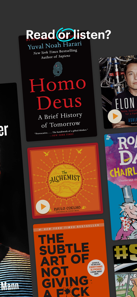 Bookmate app interface showing a selection of popular ebook and audiobook covers with the text Read or listen