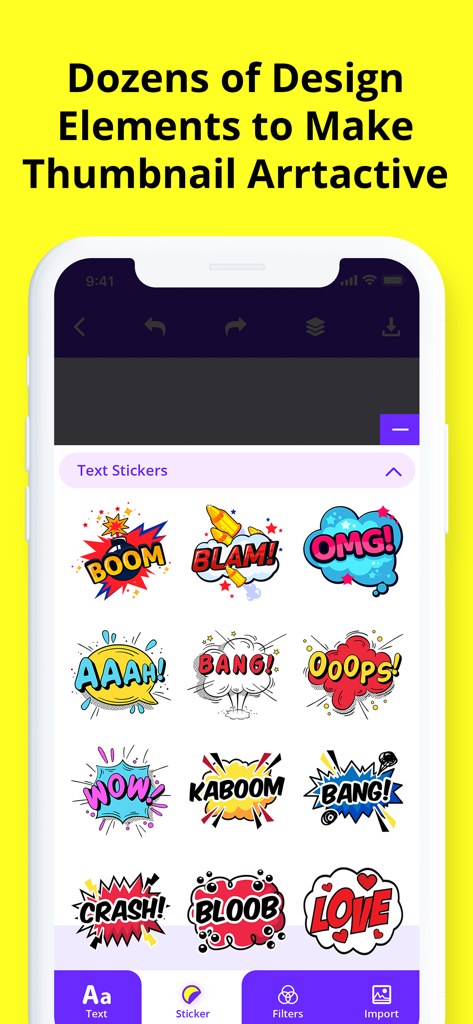 Thumbnail Maker: YT Banner Art - A collection of colorful comic style text stickers like BOOM and OMG for YouTube thumbnails in the app editor
