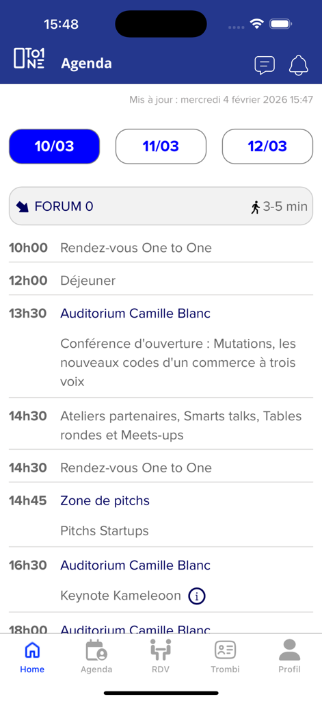 1to1 Retail Ecommerce - Un horario diario de eventos en la aplicación móvil 1to1 Retail Ecommerce que muestra las horas de las reuniones y conferencias