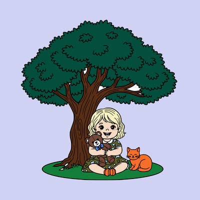 a adorable little girl who is so happy and is sitting under a tree with her little arms she is holding a teddy bear and a cat is next to her