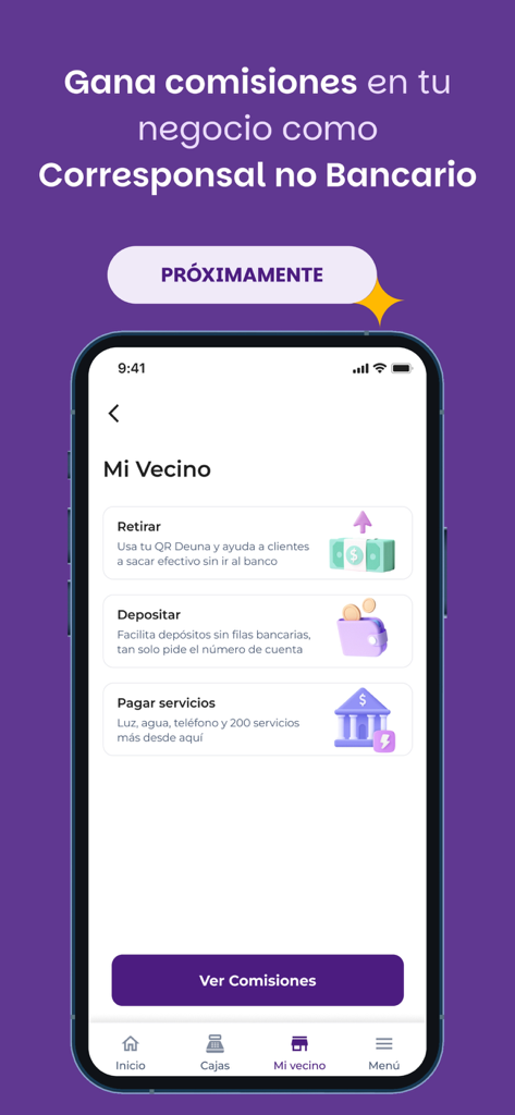 Deuna Negocios: cobra fácil - Interfaz de la app Deuna Negocios mostrando opciones para que los negocios obtengan comisiones a través de servicios bancarios como depósitos y retiros