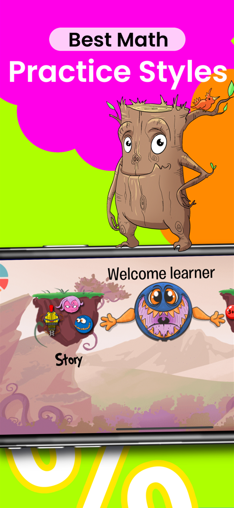 Monster Math : Kids Fun Games - Monster Math app promotional screen featuring a cartoon tree character and a smartphone showing story-based math game modes