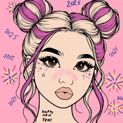 realistic girl with two buns on her hair and lips