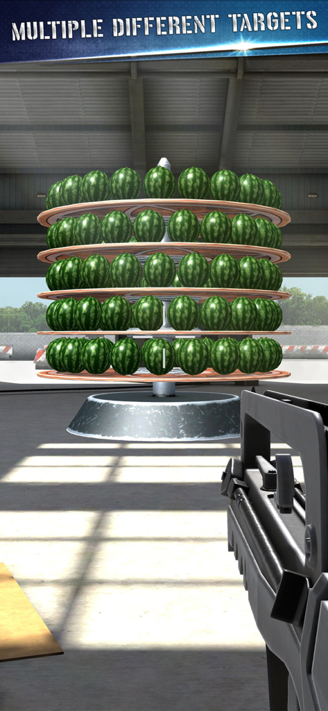 Guns Master - 射撃ギャラリーで回転するスタンドに積み重ねられた複数のスイカを狙う銃の一人称視点。