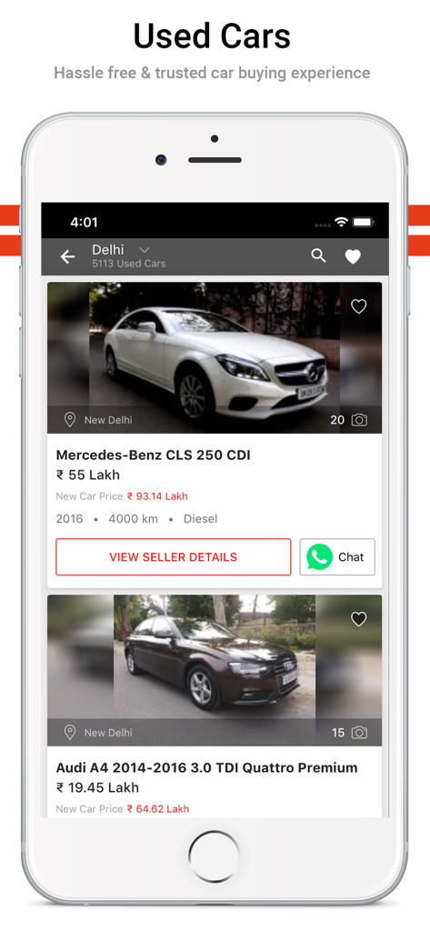 Captura de tela do aplicativo ZigWheels mostrando listagens de carros usados com preços em lakhs para o mercado indiano.