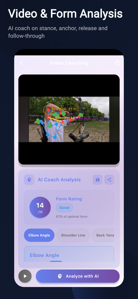 Archersense: AI Archery Coach - Interfaz de la aplicación móvil Archersense mostrando análisis de forma de tiro con arco impulsado por IA y seguimiento de poses.