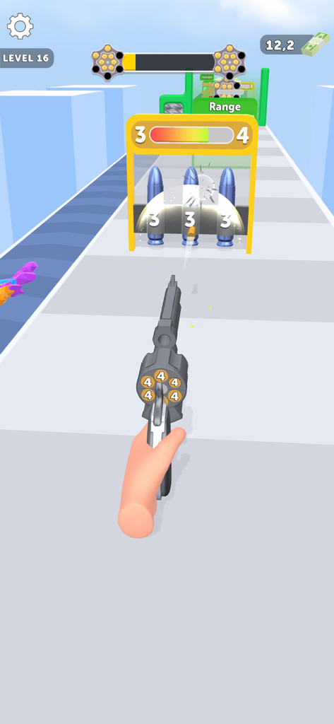 A hand holding a revolver shooting at ammo gates in the mobile game Revolver Rush