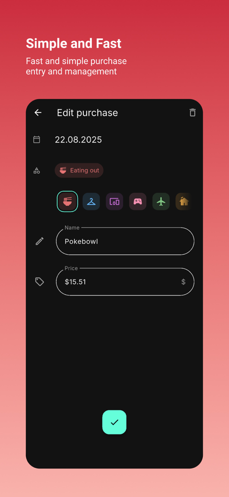 Purchase Tracker - The Edit Purchase screen of the Purchase Tracker app showing a meal expense entry