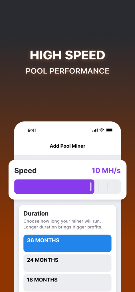 CT Pool: Crypto Mining App - Interface of the CT Pool app showing a high-speed mining performance of 10 megahashes per second and options to select a mining duration up to 36 months.