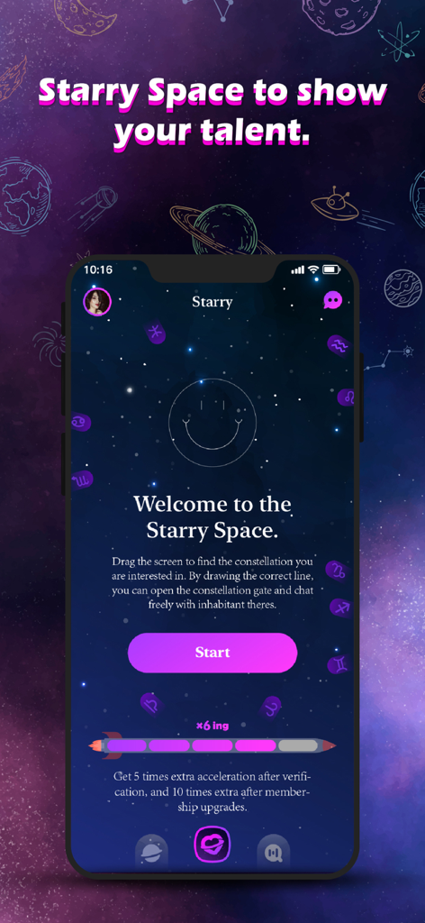 Adult Friend, AFF Finder Sweet - Starry Space feature screen showing astrology based matching and zodiac icons