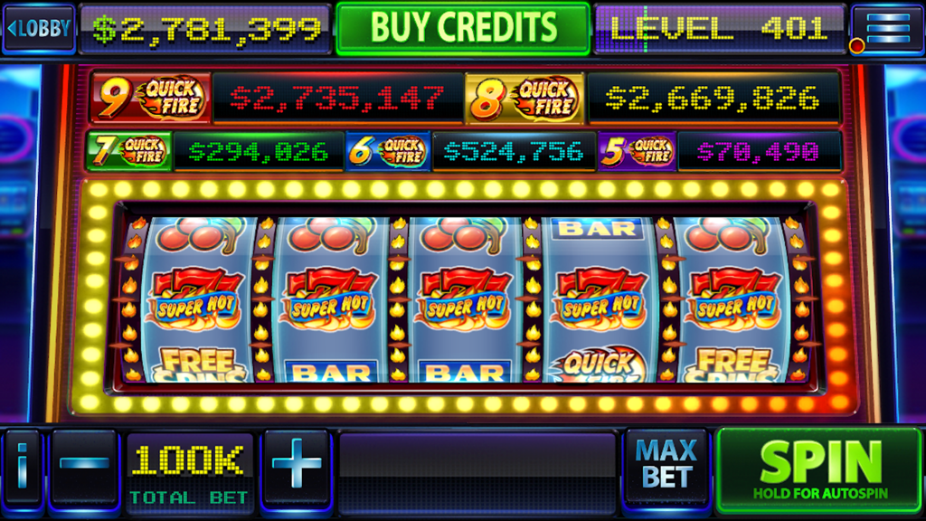Gameplay di una classica slot machine a 3 rulli in Vegas Slots Casino by Alisa con simboli Super Hot 777 e jackpot progressivi