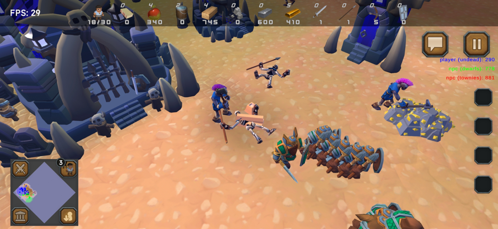 Rise of the Townies - RTS - In-game screenshot of Rise of the Townies RTS showing an undead base, skeleton warriors, and a worker mining gold resources.