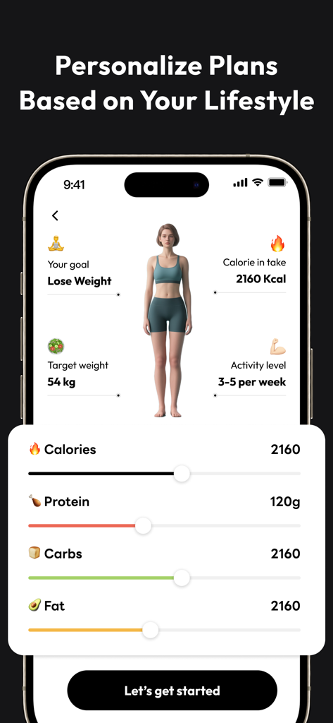 SnapCal: AI Calorie Counter - SnapCal app screen for personalizing a weight loss plan with calorie and macro targets