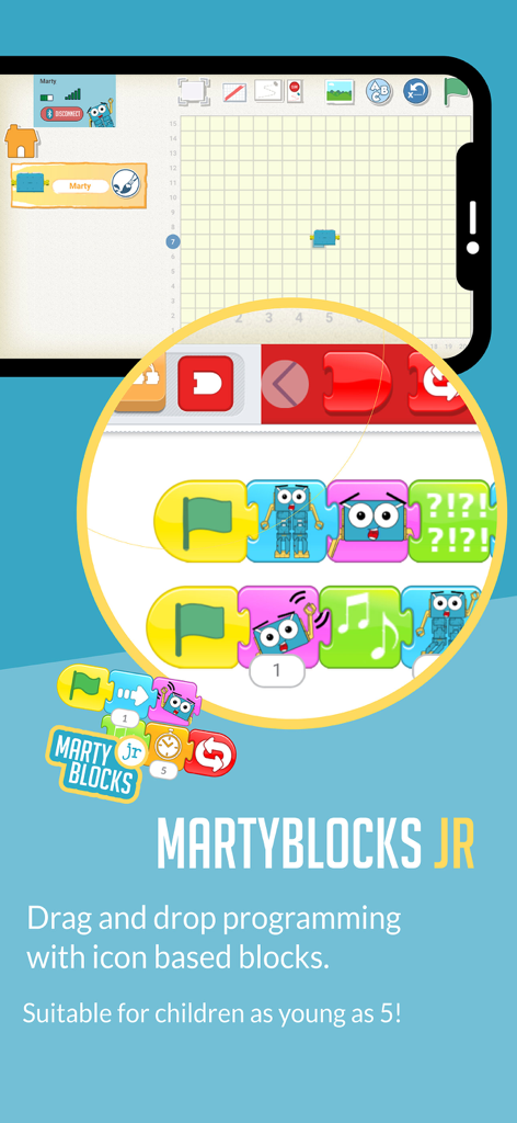 Interfaz de MartyBlocks Jr. que muestra bloques de codificación basados en iconos de arrastrar y soltar para niños a partir de 5 años