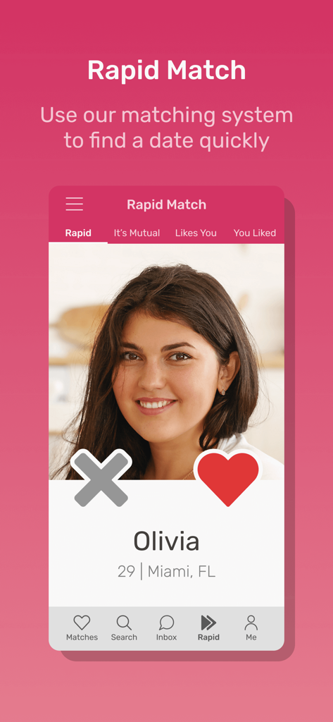 BBW Romance Dating - Rapid Match feature on the BBW Romance dating app showing a profile with heart and cross icons for swiping