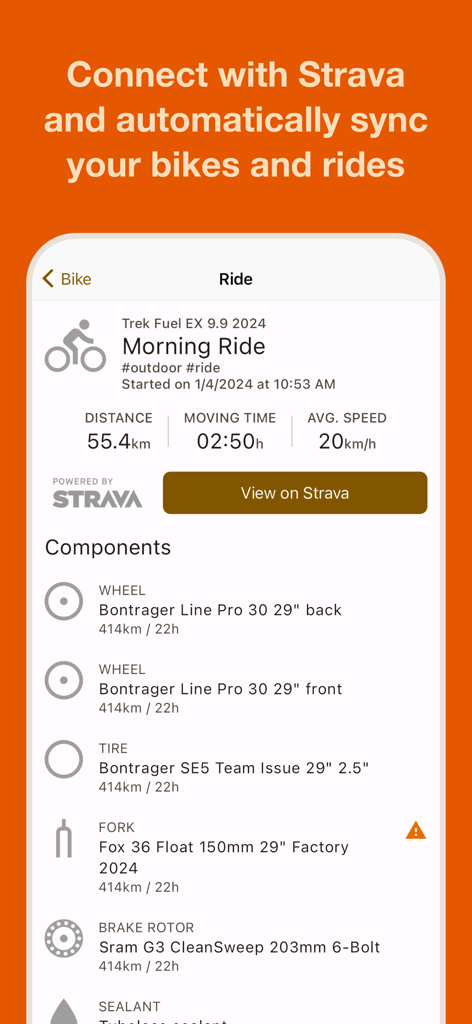 Interfaz de la aplicación ProBikeGarage que muestra una salida sincronizada con seguimiento detallado para componentes de bicicleta como ruedas y suspensión