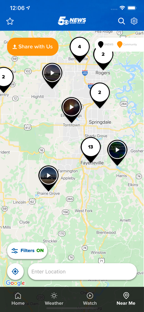 Map interface of the 5NEWS app showing local news stories and videos pinned to locations in Northwest Arkansas