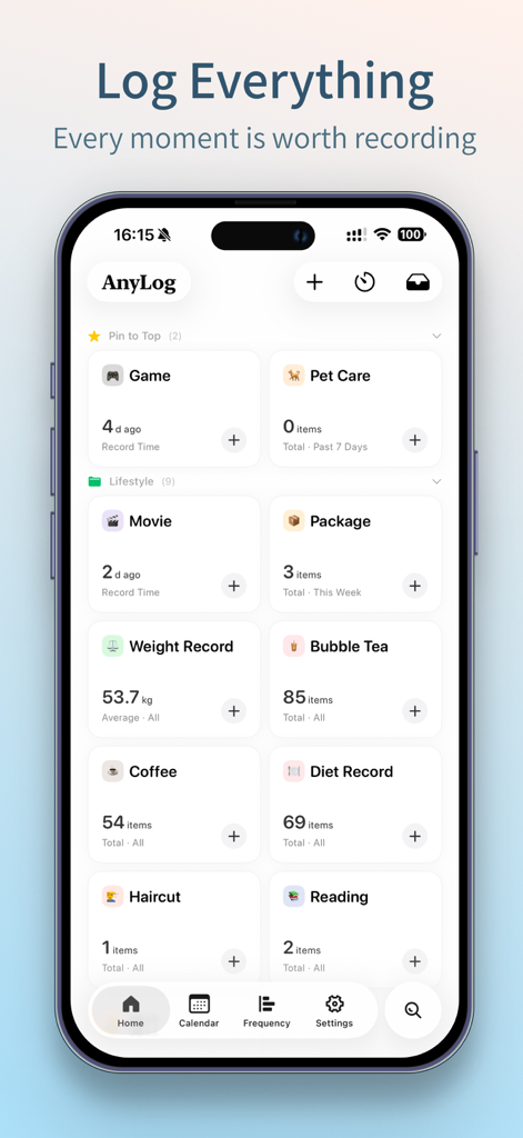 AnyLog - Life Tracker - AnyLog mobile app home screen showing activity logs for weight diet and habits