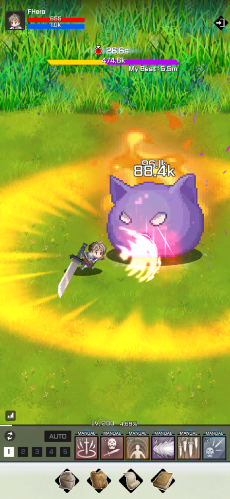 F Class Adventurer: AFK RPG - Fクラス冒険者AFK RPGで、ヒーローキャラクターが巨大な紫色のスライムボスを攻撃している