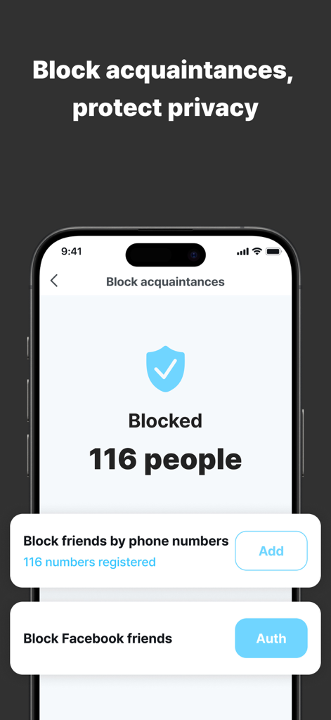 Noondate: Dating & Friends - Noondate app screen showing options to block acquaintances and Facebook friends for enhanced privacy.