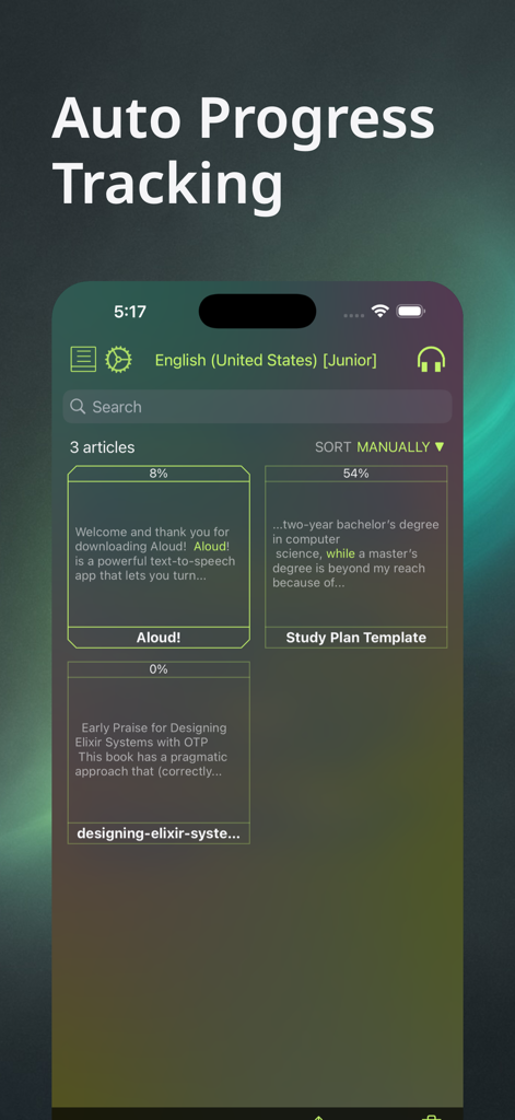 Aloud app screen displaying a library of articles with reading progress percentages