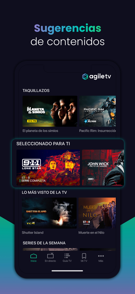 Agile TV mobile interface showing a collection of popular movie and series recommendations for streaming.