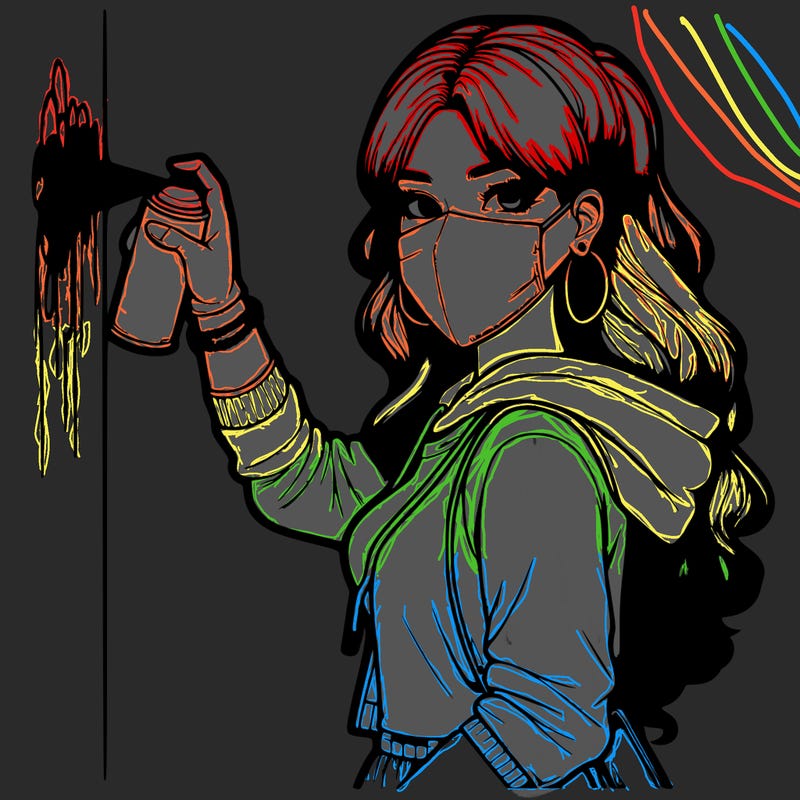 realistic girl with mask spray painting a wall