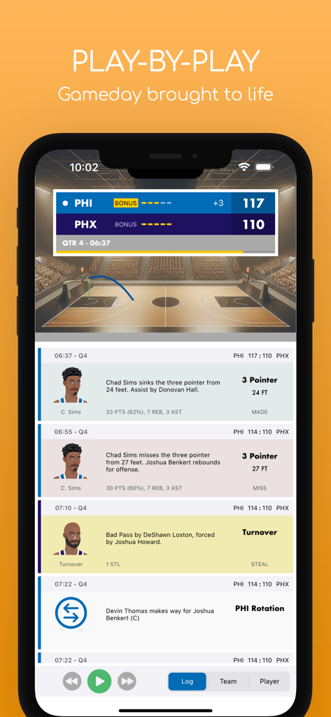 Pocket GM: Basketball Sim - Interface of Pocket GM Basketball Sim showing a detailed play by play gameday log and scoreboard during a match.