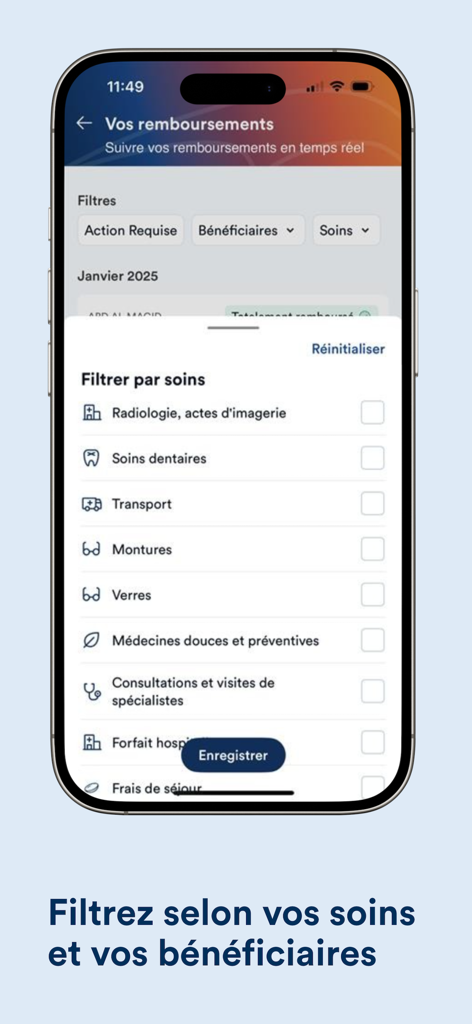 Écran de l'application Vivinter affichant des options de filtre pour les catégories de soins médicaux et les remboursements d'assurance.