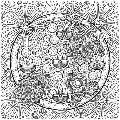 Get ready for a one-of-a-kind coloring experience with this festive pepperoni pizza, beautifully blended with traditional Diwali celebrations. Enjoy bringing vibrant colors to the sparkling diyas, intricate patterns, and bursting fireworks surrounding this tasty treat.